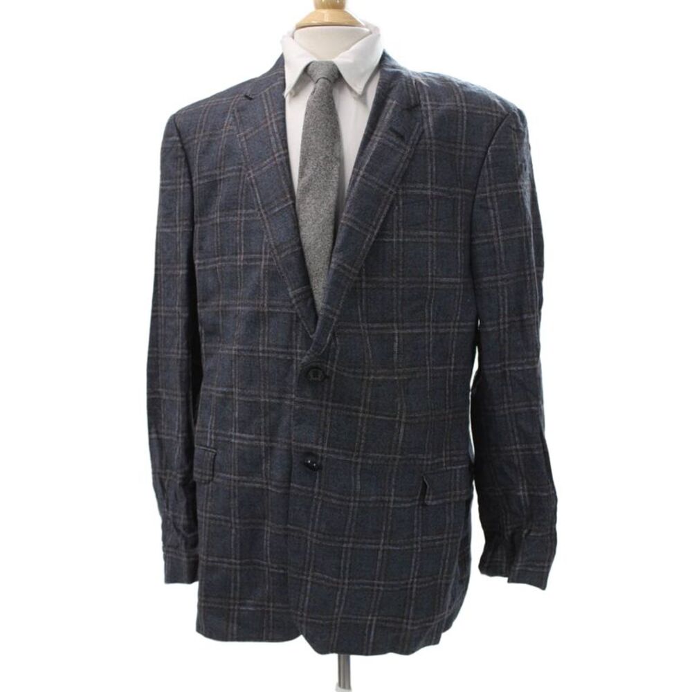 Armani Collezioni Mens Plaid Polyester Blazer Blue Buttoned Size 46
